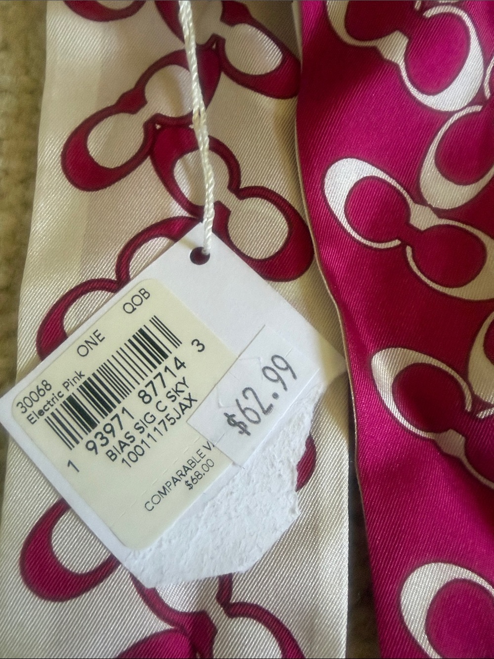 Coach Pink and Cream Signature Print Silk Skinny Scarf - Picture 4 of 6